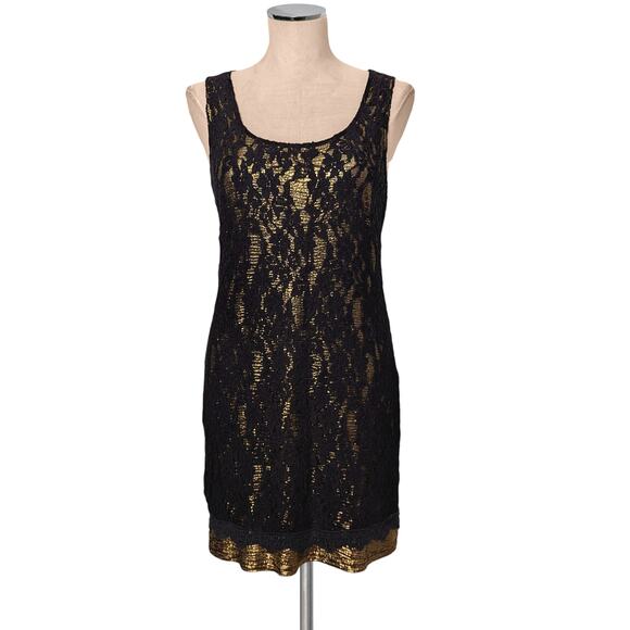 Miss Me Dresses & Skirts - Stunning MISS ME Black Lace Over Gold Metallic Dress Zip Back M
